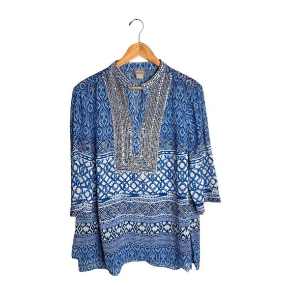 Chico’s Sheer Tunic Seaside Rhinestones Size 12P Blue White Black Blouse Beach - Picture 1 of 10